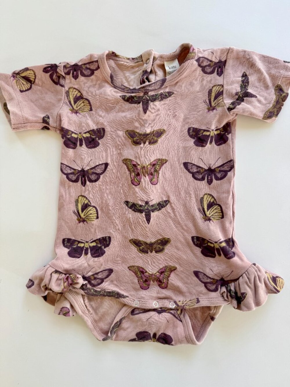 Kate Quinn Organic Cotton Moth Butterfly Print Ruffle Bodysuit Mauve 18-24M